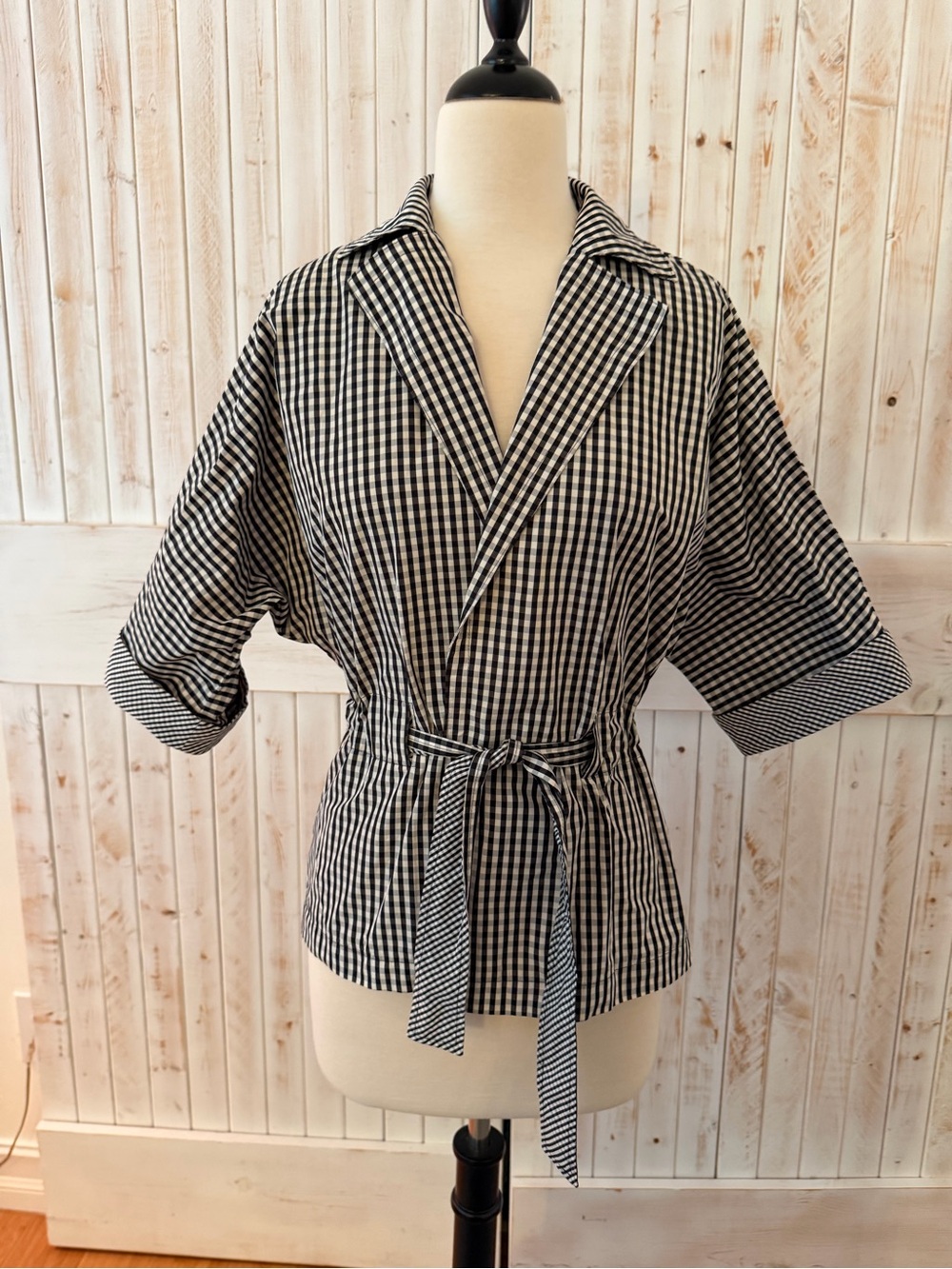 Talbots Black & White Gingham Tie-Belt Blazer